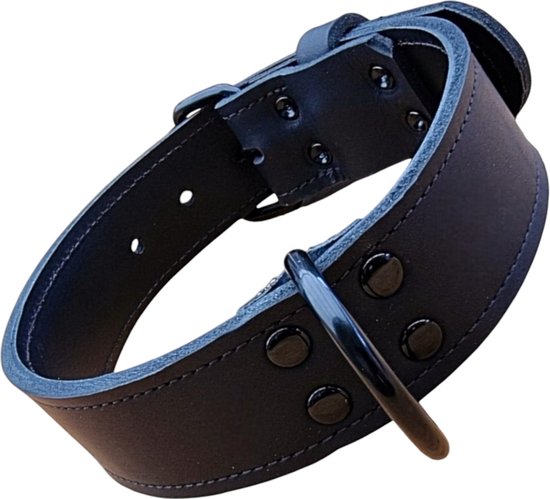 K9 World, honden halsband, zwart leder, dubbel gestikt, 4cm breed, 45-55cm, black edition hardware