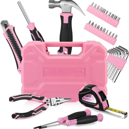 Roze Gereedschapskist - 35-Delige Set Voor Beginners - Inclusief Schroevendraaier, Tang en Meetlint