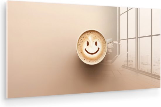 MuchoWow® Glasschilderij 120x60 cm - Schilderij acrylglas - Koffie - Melkschuim - Lach - Beige - Foto op glas - Muurdecoratie woonkamer - Wanddecoratie slaapkamer - Schilderijen