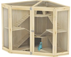 Hamsterkooi - Cavia kooi - Rattenkooi - Huisje - 4 Niveaus - Verwijderbare Lade - Met Voederstation - Zaag - Loopplank - Hutten - Hout - Natuurlijk Hout