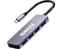 Drivv. USB C Hub met 4 USB 3.0 Poorten – USB C Splitter – Snelle Gegevensoverdracht – Aluminium Behuizing – Grijs