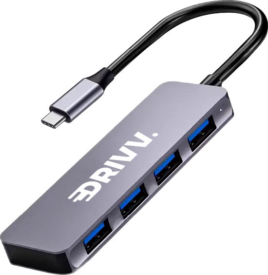 Drivv. USB C Hub met 4 USB 3.0 Poorten - USB C Splitter - Snelle Gegevensoverdracht - Aluminium Behuizing - Grijs