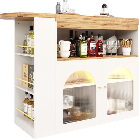 Gotagee Table de bar extensible Table à manger avec espace de rangement Table de bar rotative Table de bistro Table à manger Avec LED (couleur de la lumière réglable) Wit