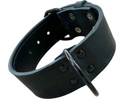 K9 World, honden halsband, zwart leder, dubbel gestikt, 5cm breed, 55-65cm, black edition hardware