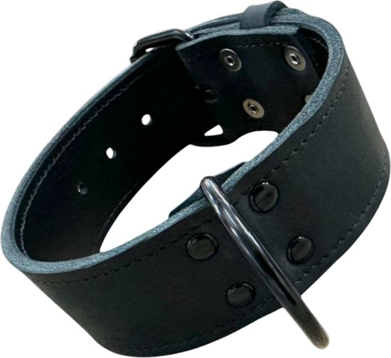 K9 World, honden halsband, zwart leder, dubbel gestikt, 5cm breed, 55-65cm, black edition hardware