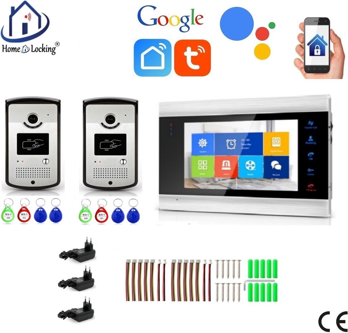 WIFI videofoon/intercom met 2 deurbel camera's + 1 binnen paneel/scherm en kan werken met spraak gestuurde apps. T-2102-2-1.