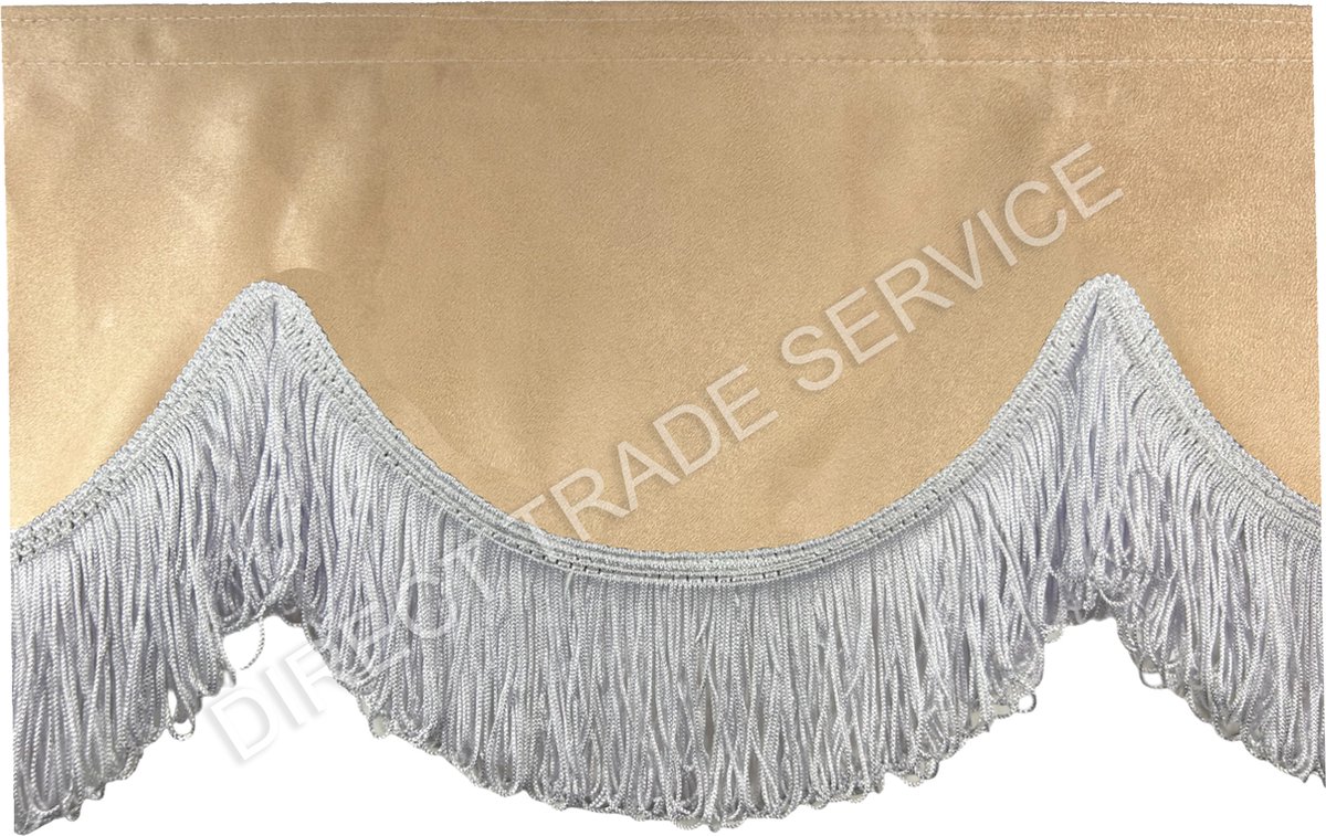 Raamband Beige met witte franjes 250x18 cm, 2 zijde zelfde materiaal, incl velcro voor vrachtwagen, caravan, tractor, truck, enz