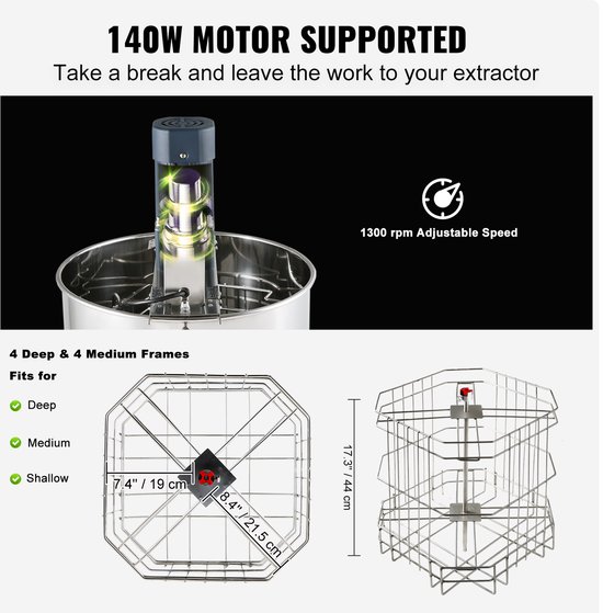 VEVOR Honing Extractor Elektrische 140w TangentiëLe Extractor Roestvrij Staal 4/8 Frames Honing Extractor 45mm Honing Klep 1300 Rpm Elektrische Honing Extractor 48x16/23cm Honingraat Size Imkerij Imker Accessoires van Merkloos — afbeelding 3