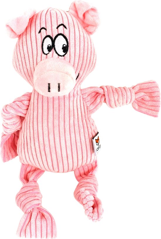 Roze pluizig varkensspeeltje van corduroy met knopen in de staart en poten.