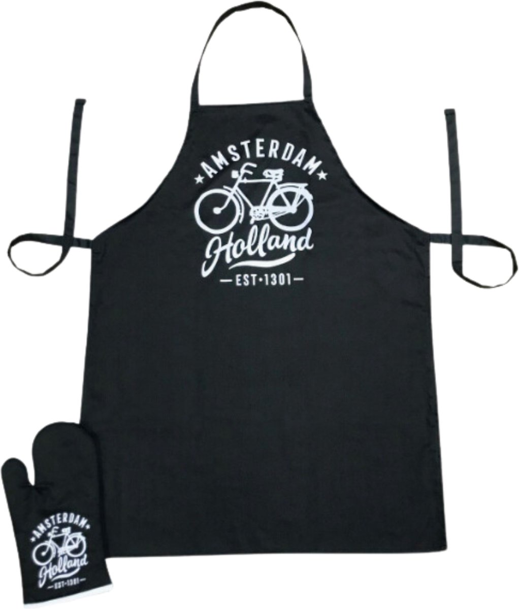 Keukenset - Schort en ovenwant - zwart - Amsterdam souvenir - Holland souvenir - Hollandse cadeautjes - schort Holland