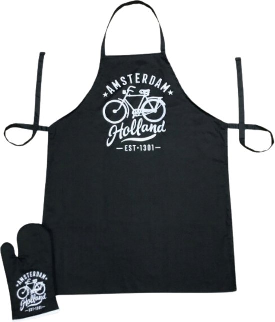 Ensemble de cuisine - Tablier et gant de four - noir - Souvenir Amsterdam - Souvenir de Holland - Cadeaux hollandais