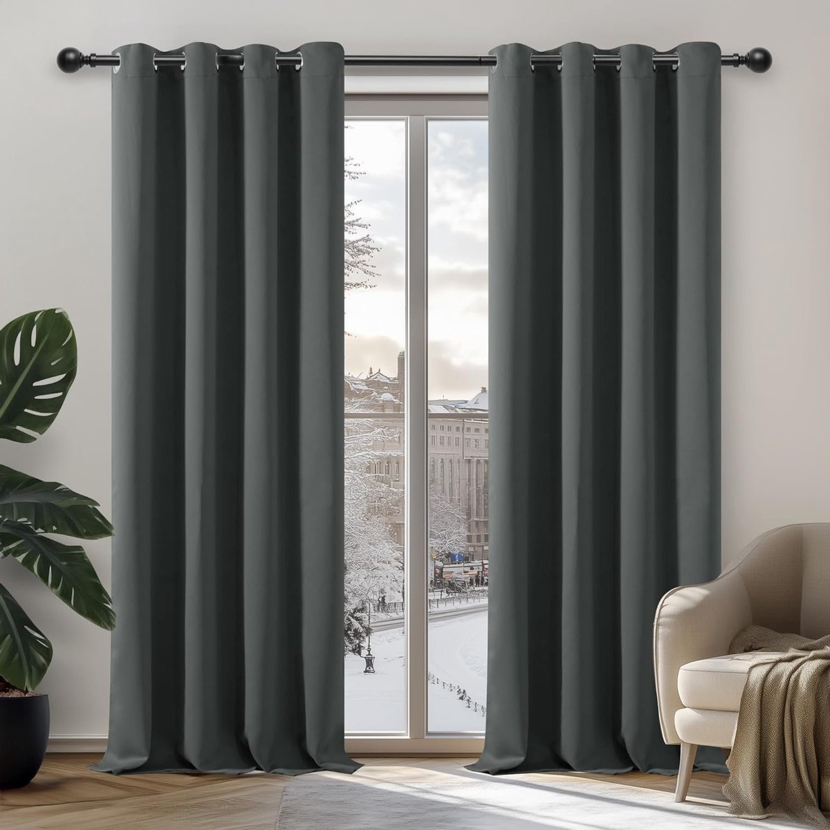 oCreon Blickdicht Set van 2 Gordijnen 200x140 cm - Donkergrijs - Ondoorzichtig - Koudebescherming