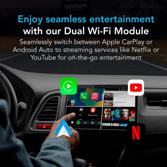 AutoSky Draadloze CarPlay en Android Auto AI Box Lite voor in de fabriek bekabelde CarPlay-auto's - Ondersteunt Netflix YouTube en Gmail - Ga draadloos met alle functionaliteiten van Wired CarPlay en