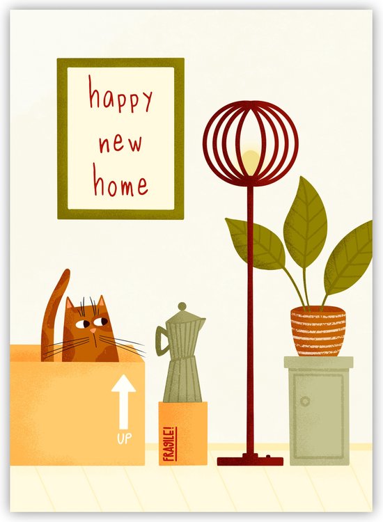 Een oranje kat kijkt vanuit een verhuisdoos met "happy new home" boven hem. Een koffiezetapparaat en plant erbij.