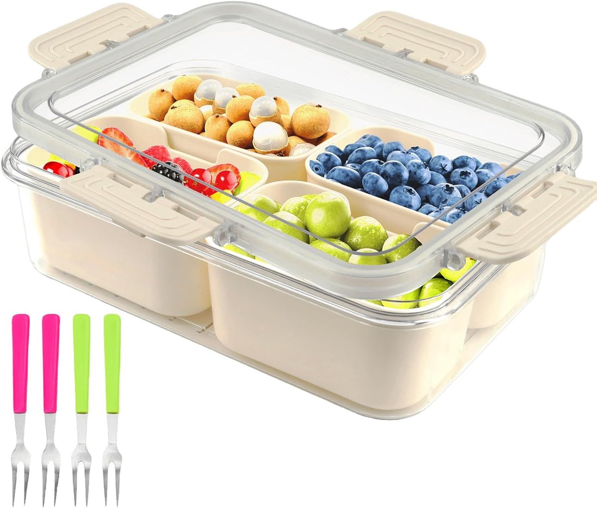 4-Compartiment Snackbox met Deksel, Fruitbox, Ideaal voor Kantoor en Kinderen