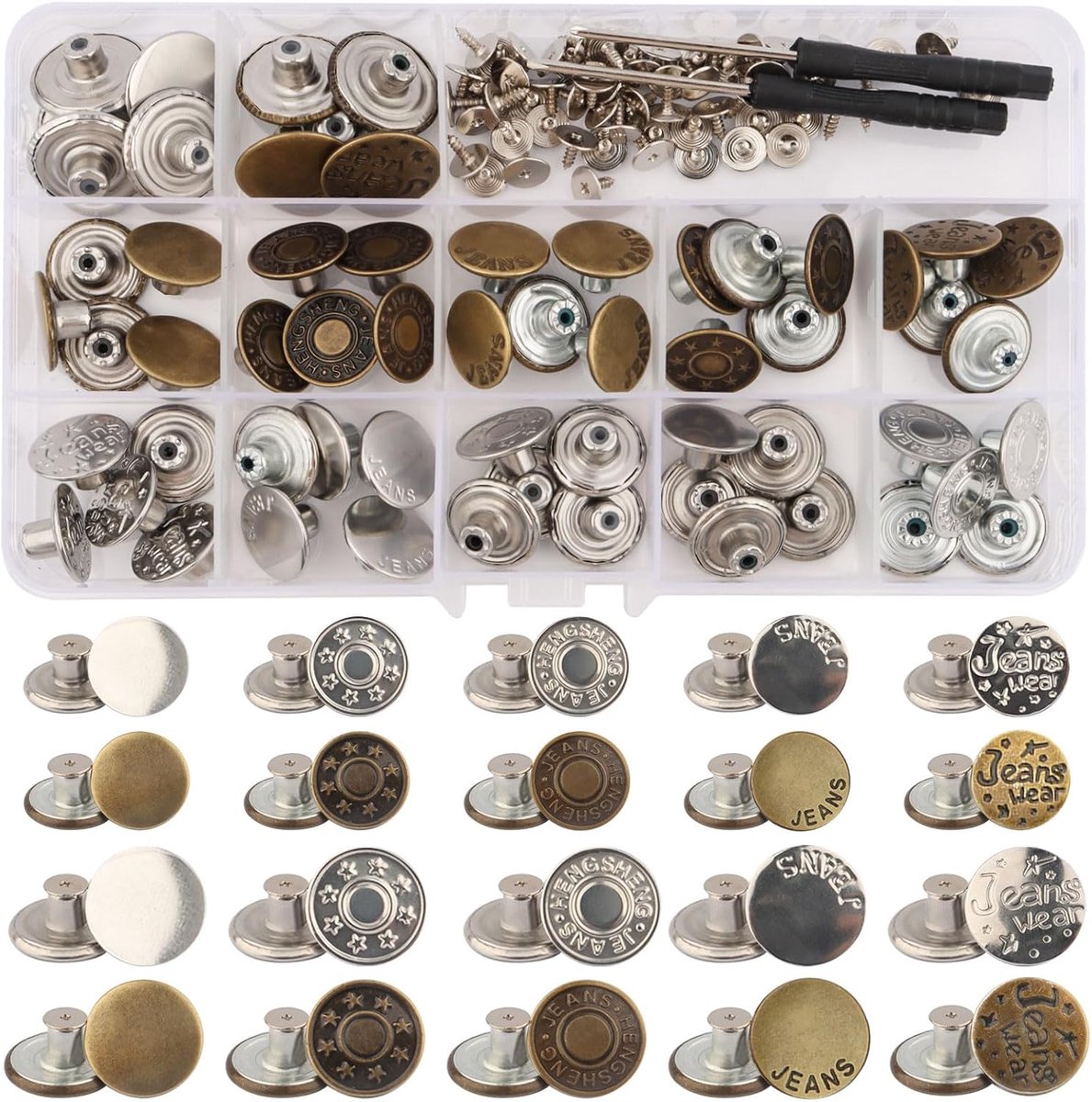 Jeansknopen set zonder naaien - 60 stuks, 17 mm en 20 mm, metalen knopen voor dames en heren