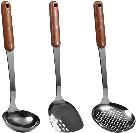 Demarsen Houten spatel, 4-delige set, kooklepels, 33 cm, keukenhulp van fijn kersenhout, robuust, duurzaam en antibacterieel, houten schraper