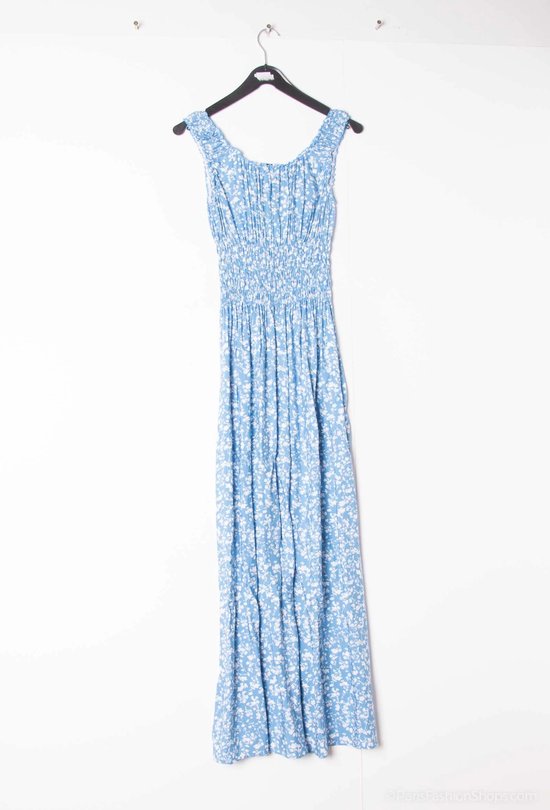 Lange dames jurk Fieke-gebloemd motief-licht blauw wit-Maat S/M-strandjurk