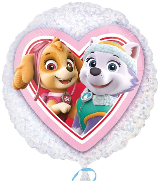 Hartvormige folieballon met Skye en Everest van PAW Patrol. De ballon is holografisch en heeft een witte rand.