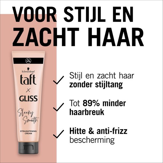 Taft x Gliss Sleeky Smooth Straightening Cream tube. "Voor stijl en zacht haar."