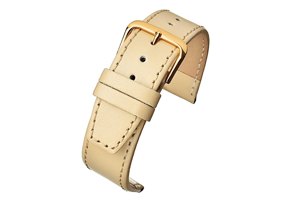 Horlogeband-horlogebandje-16mm-crème -gestikt-echt leer-plat- goudkleurige gesp-leer-16 mm