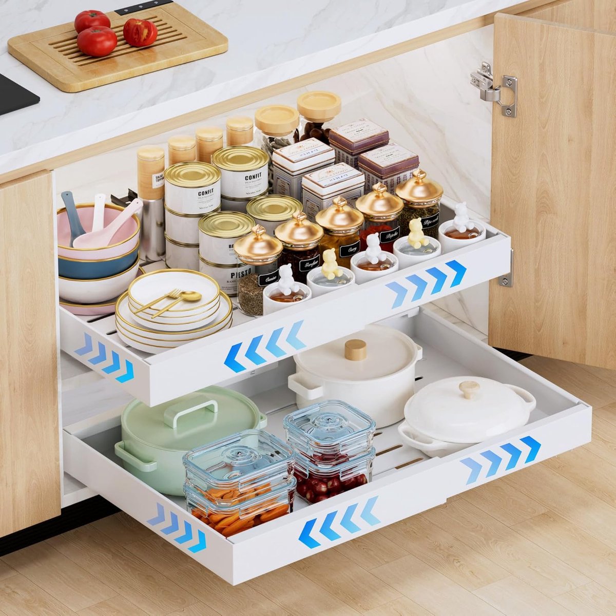 Famanu - Uitbreidbare uittrekbare keukenladen met lijm, uittrekbare kastorganizer, plak & glij telescopische lade, voor keuken pantry-organisatie, instelbare breedte 32 – 53 cm