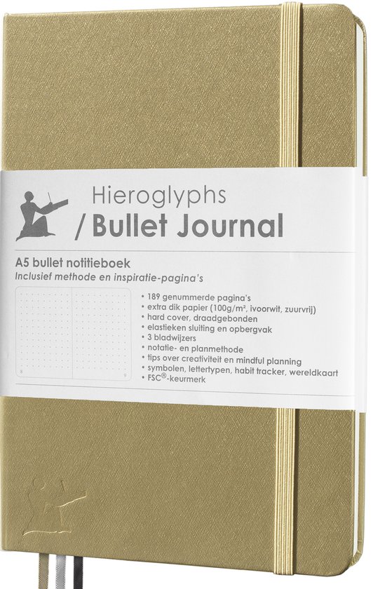 Hieroglyphs Bullet Journal - A5 Notitieboek - 100 Grams Papier - Hardcover Notebook Dotted - met Handleiding en Inspiratie - Nederlands - Goud