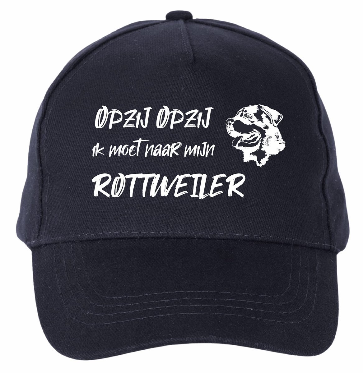 Mijncadeautje - 5 panel - Cap - Verstelbaar - Pet van 100% dik geborsteld katoen- unisex - opdruk wit - opzij opzij naar mijn rottweiler - navy blauw