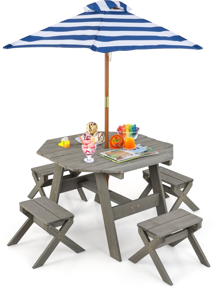 COSTWAY Kinderzitgroep voor buiten, picknicktafel met 4 stoelen en parasol, houten zitset, zitgroep, tuinmeubelen voor tuin, achtertuin, terras