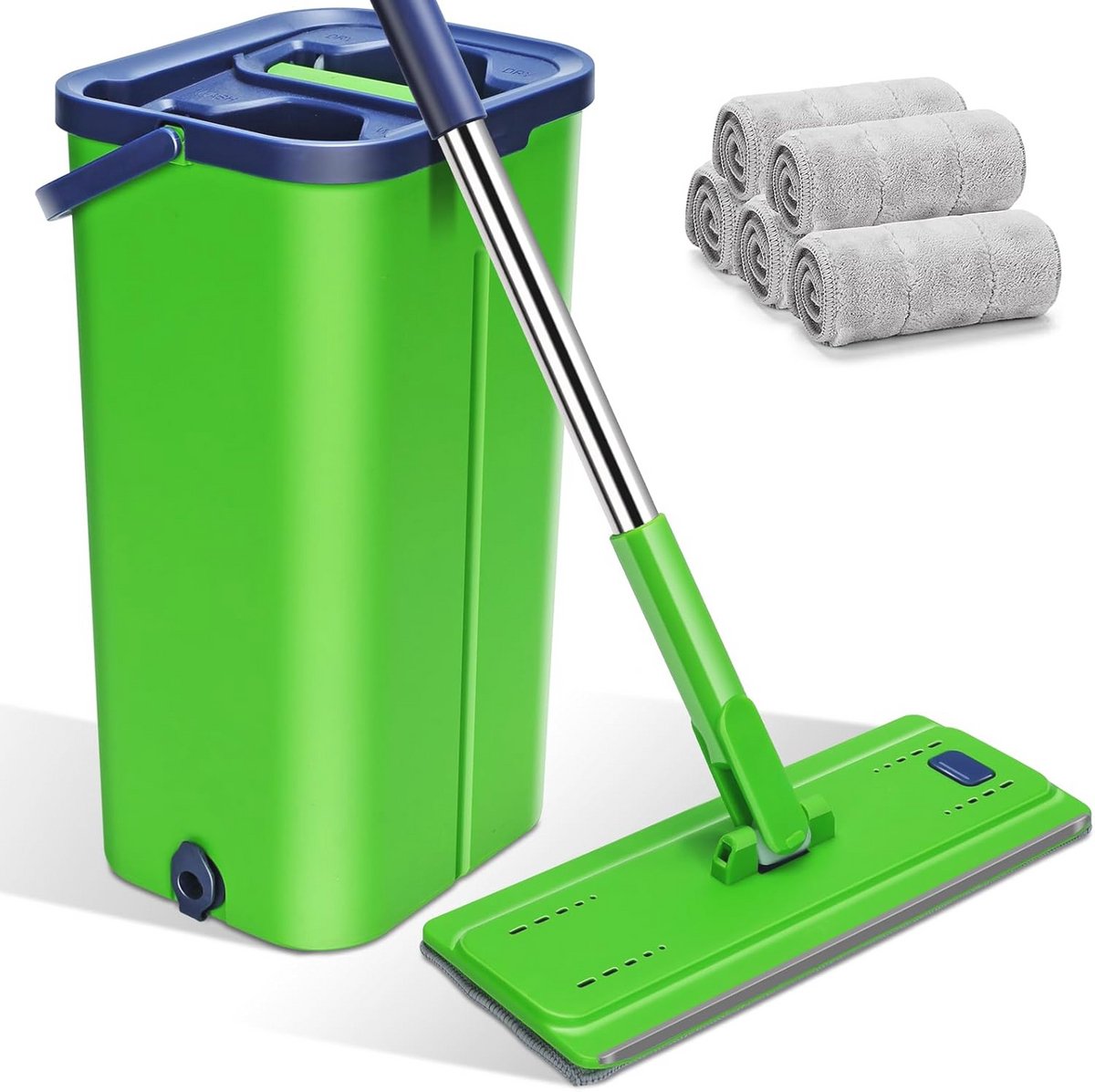 Dweilmop Set met Emmer en uitwringfunctie - Vloer- en Muurreiniger met 5 Microvezelpads
