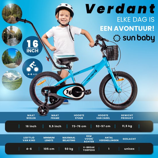 Verdant Bike Kinderfiets voor jongens van 4 tot 6 jaar, 16 inch Blauw, leeftijd 3 tot 6 jaar, met zijwieltjes, duwstang, handrem van Verdant Bike — afbeelding 2