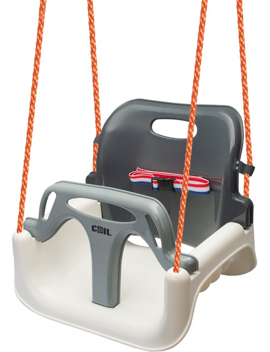Siège de balançoire gris et blanc avec cordes oranges et une sangle rouge-blanc-bleu.