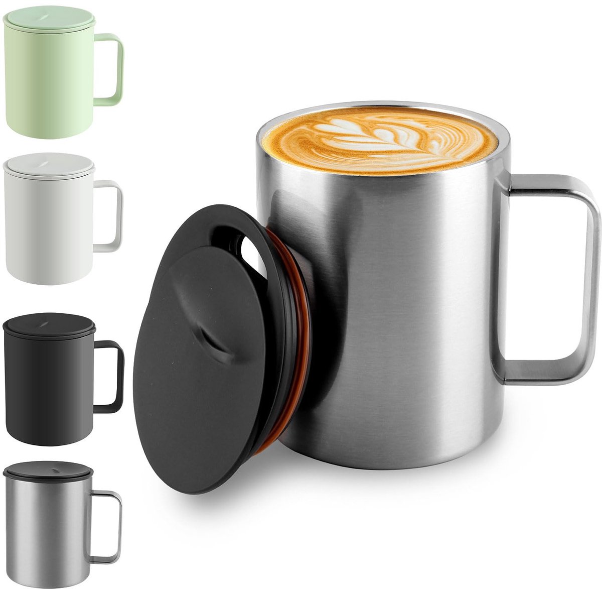 My Ninki ® Dubbelwandige Thermokoffiemok van 400 ml met Handvat en Schuifdeksel voor Koffie en Thee