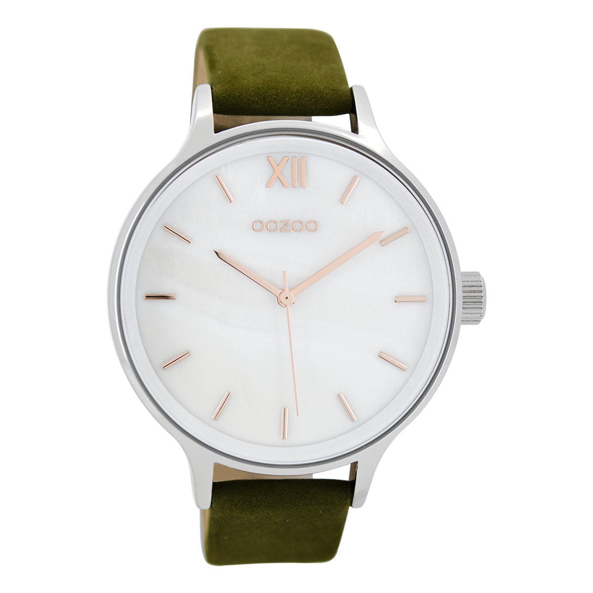 OOZOO Timepieces - Zilverkleurige horloge met groene leren band - C8603