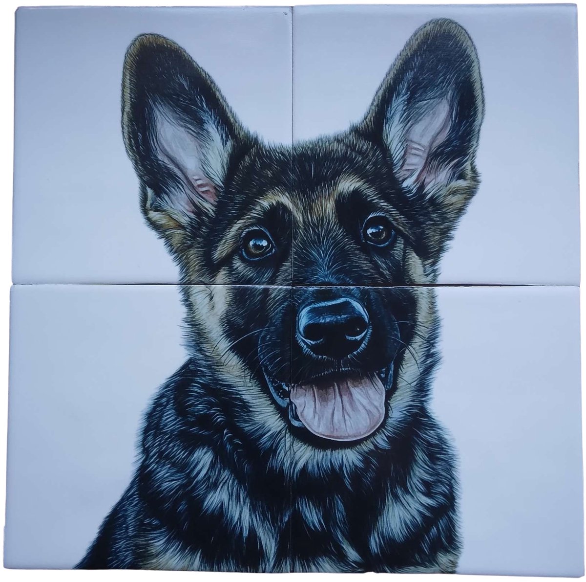 MadDeco Nederlands fabrikaat Duitse Herder pup op plateau van 4 tegels Friese Witjes 13 x 13 cm per tegel