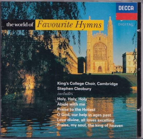 De wereld van favoriete hymnes albumhoes met Kings College Choir, Cambridge en een gebouw aan het water.
