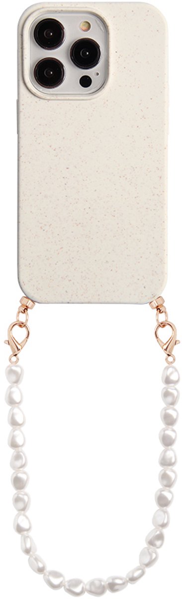 Casies biodegradable hoesje geschikt voor Apple iPhone 15 Pro Max met koord - telefoonhoesje met parelkoord -Parel ketting - Parels - Cord Case Pearl