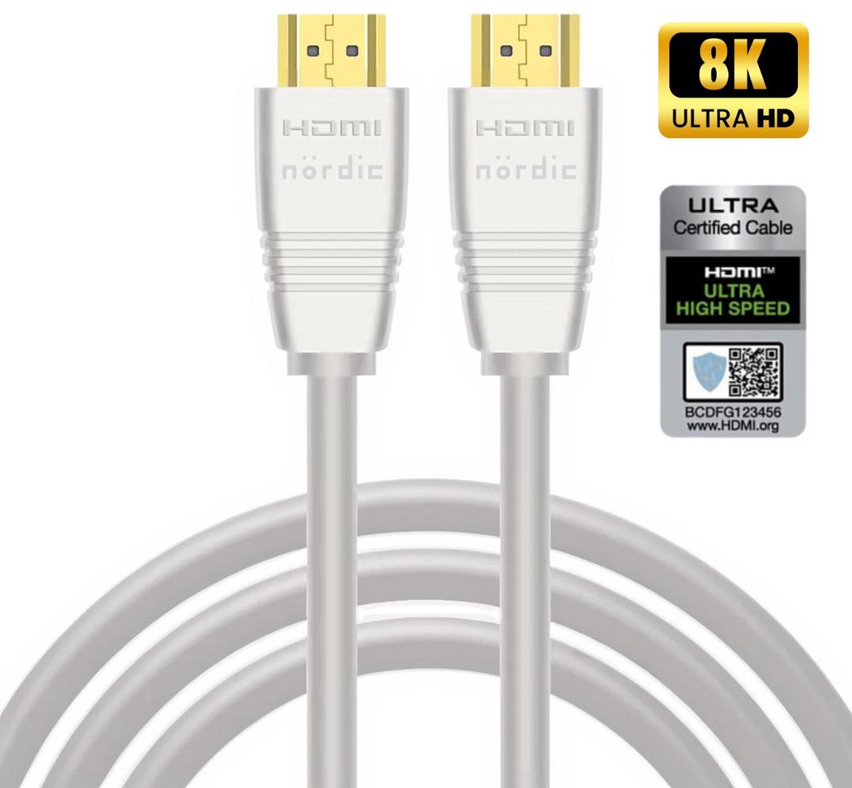 NÖRDIC HDMI-550A HDMI naar HDMI kabel - Gecertificeerd - HDMI2.1 - 8K60Hz - 48Gbps - Vergulde connectoren - 5m - Wit