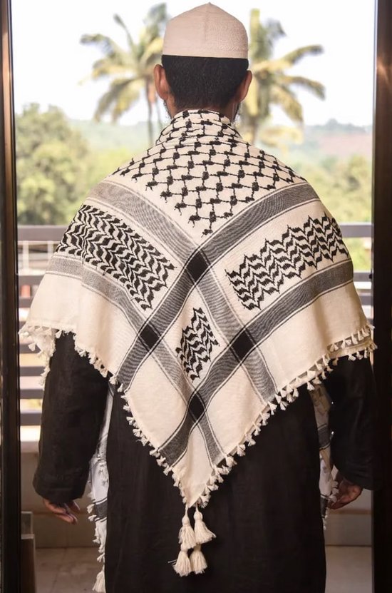 Kufiya/Keffiyeh Sjaal Zwart-Wit - 100% Katoen - Palestijnse Sjaal - Palestina Sjaal - Shemagh - Arafat Sjaal - Arabische Sjaal - 122x122 cm