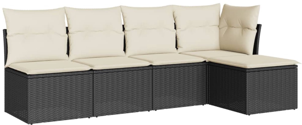 The Living Store 5-delige Loungeset met kussens poly rattan zwart - Loungeset - Loungehoek - Buitendecoratie - Tuinmeubels - Loungebank