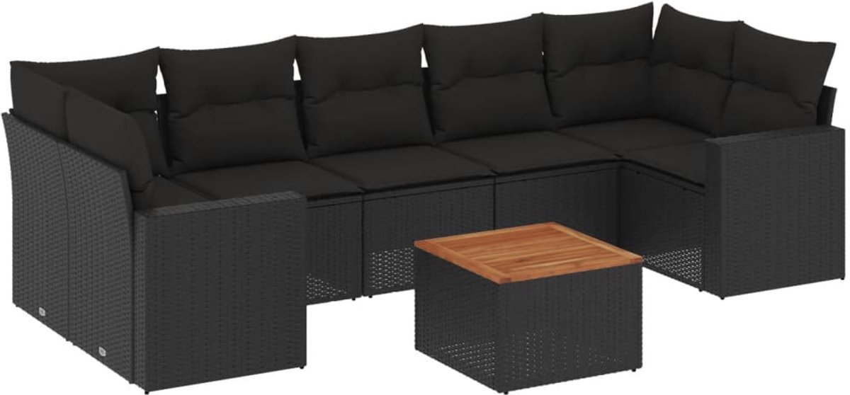 The Living Store 8-delige Loungeset met kussens poly rattan zwart - Loungeset - Tuinmeubels - Lounge Set - PE-rattan - Zwarte Loungebank