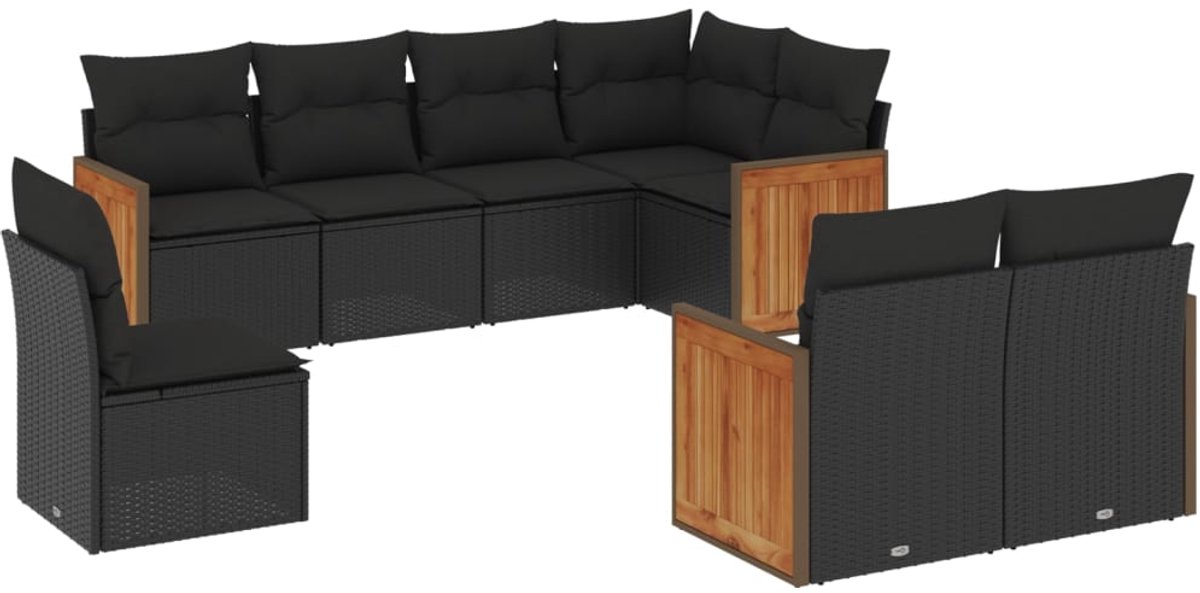 Zwarte poly rattan loungeset met kussens voor tuin en terras.