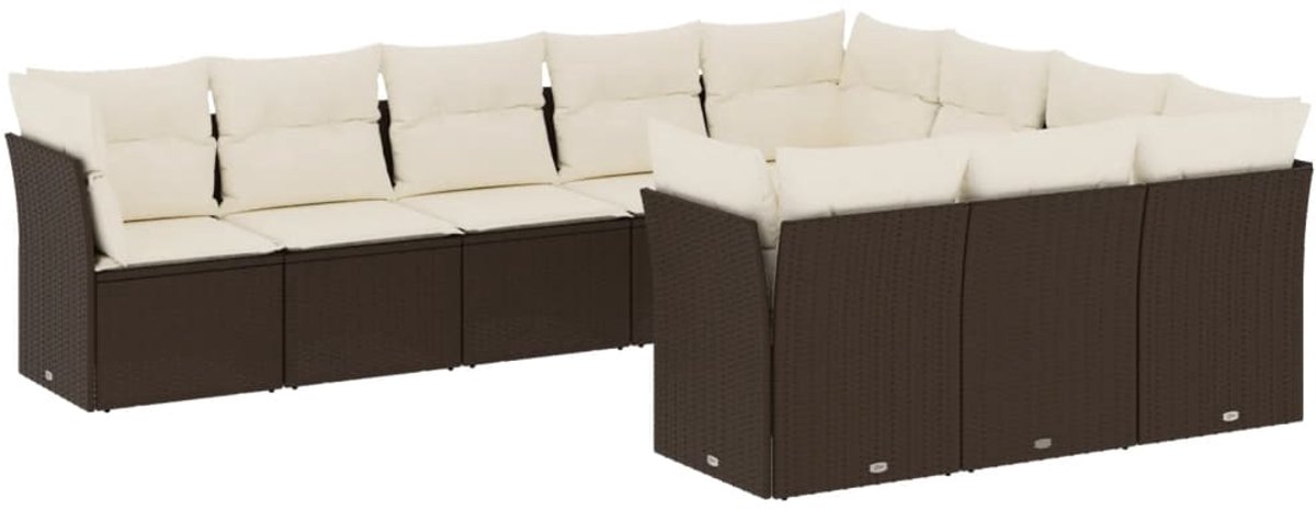 The Living Store 10-delige Loungeset met kussens poly rattan bruin - Loungebank - Lounge Set - Tuinset - Buitendiner - Garden Furniture