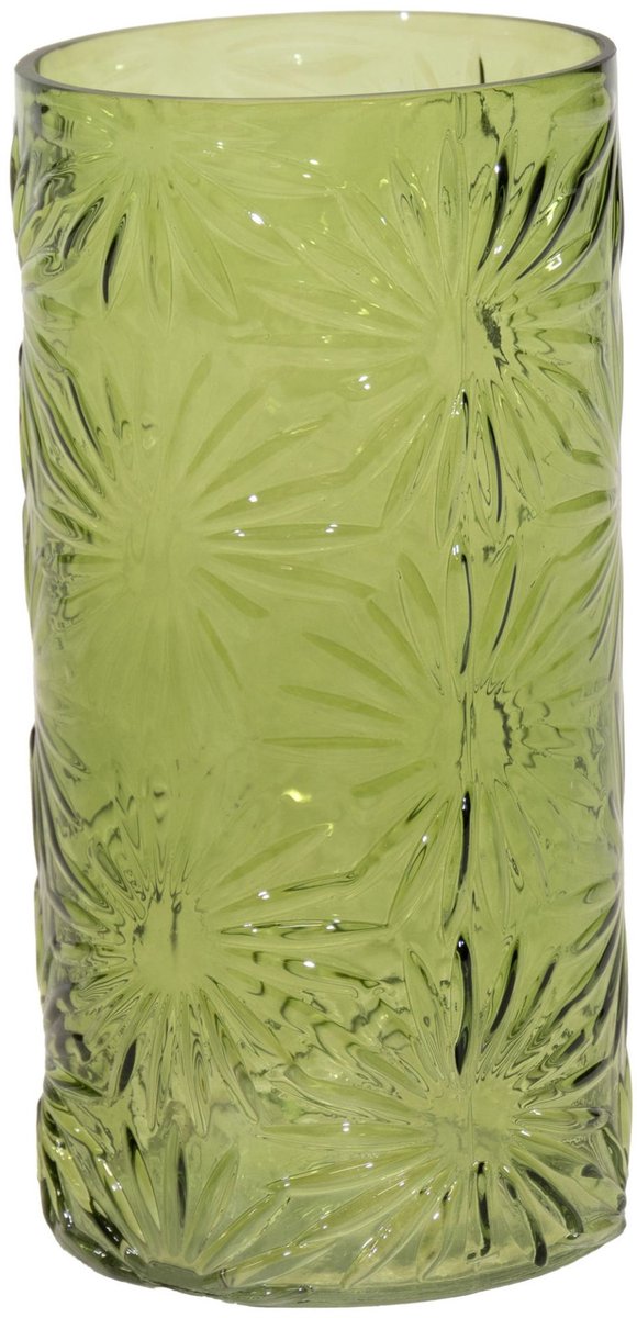 Mega Collections Bloemenvaas Debby - groen - glas - bloem relief - 15 x 35 cm