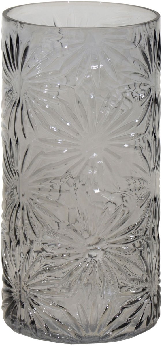 Mega Collections Bloemenvaas Debby - grijs - glas - bloem relief - 15 x 30 cm