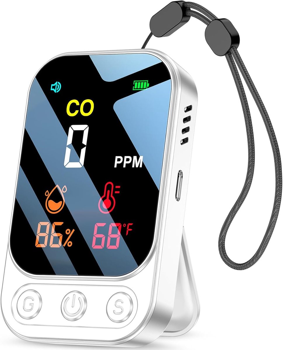Mini CO-meter met slimme alarmfunctie - 3-in-1 voor temperatuur, luchtvochtigheid en koolmonoxide - Draagbaar en oplaadbaar