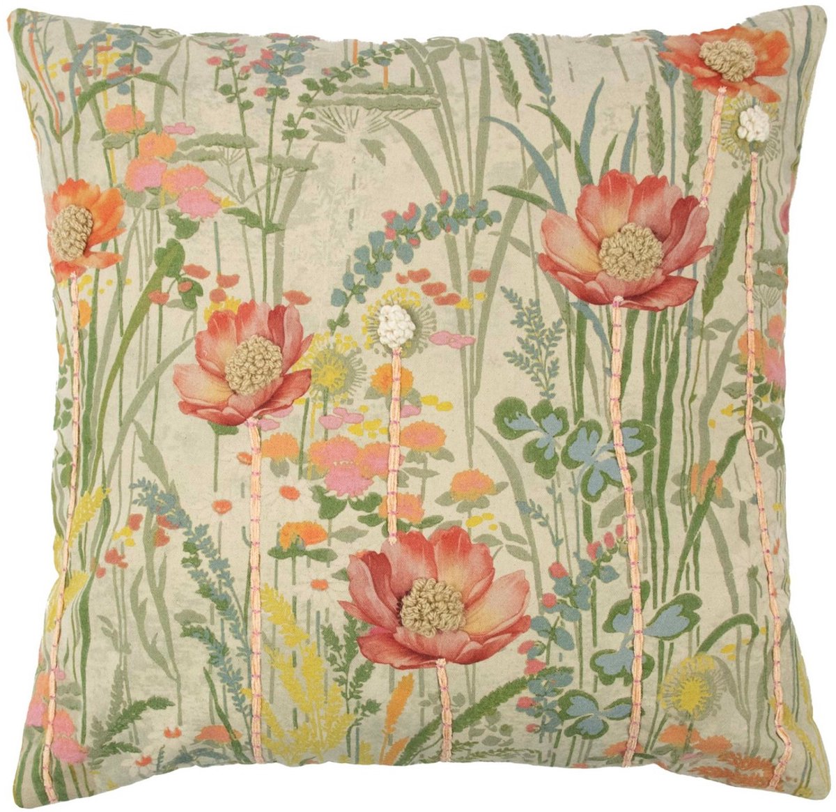 Mars & More kussen geborduurd wilde bloemen roze klaproos 60x60cm Multi