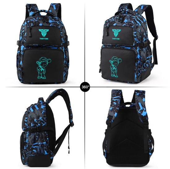 Rugzak met TAN.TOMI logo en cartoon jongen, blauwe en grijze camouflageprint, van voor, achter, zijkant en achterkant.