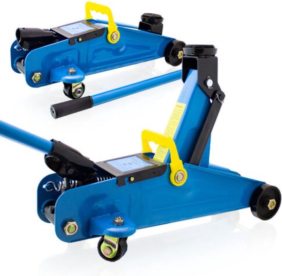 Twee blauwe hydraulische garagekrikken, één met hendel, de ander zonder.