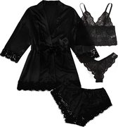 Xd Xtreme - 4-delig - Nachtkledingset zwart M - kimono - nachtjapon - badjas - ochtendjas - satijn - lingerie set - bodysuit - sexy - pyjama